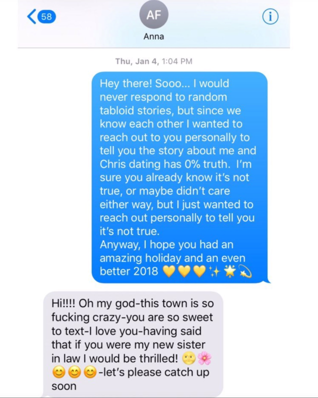 Illustration for article titled Olivia Munn Definitely Isn’t Dating Chris Pratt, and Texted Anna Faris to Prove It